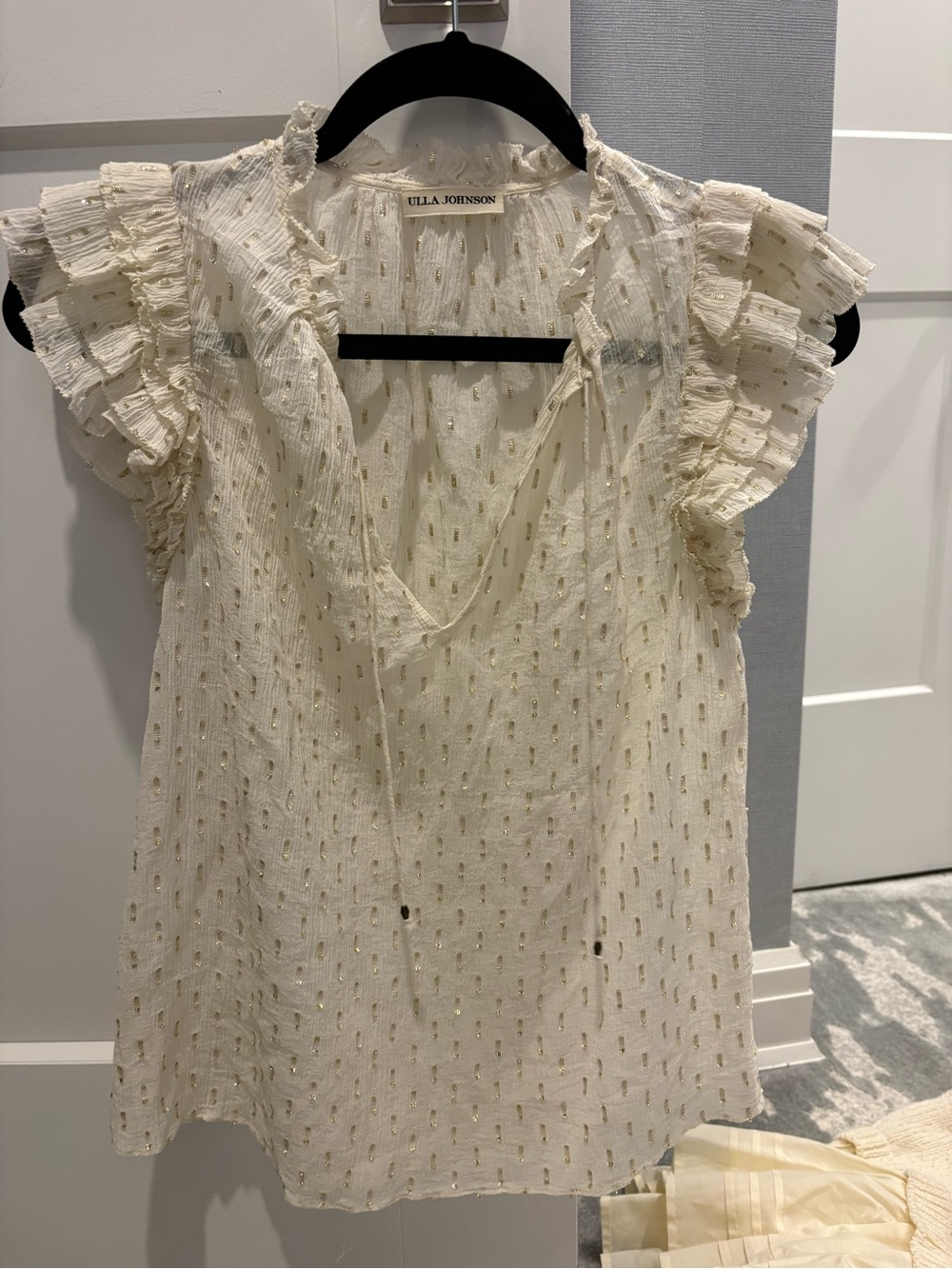 Ulla Johnson Ivory Ruffle Flutter Sleeve Blouse with Metallic Dots